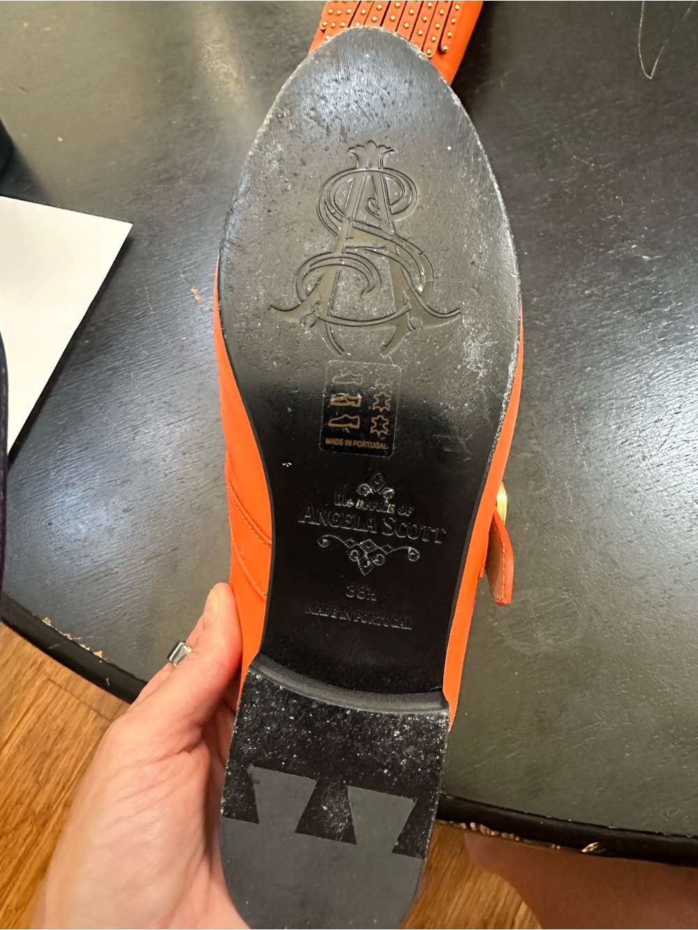 Office of Angela Scott - Women's Orange Studded Fringe Loafers - Picture 5 of 8